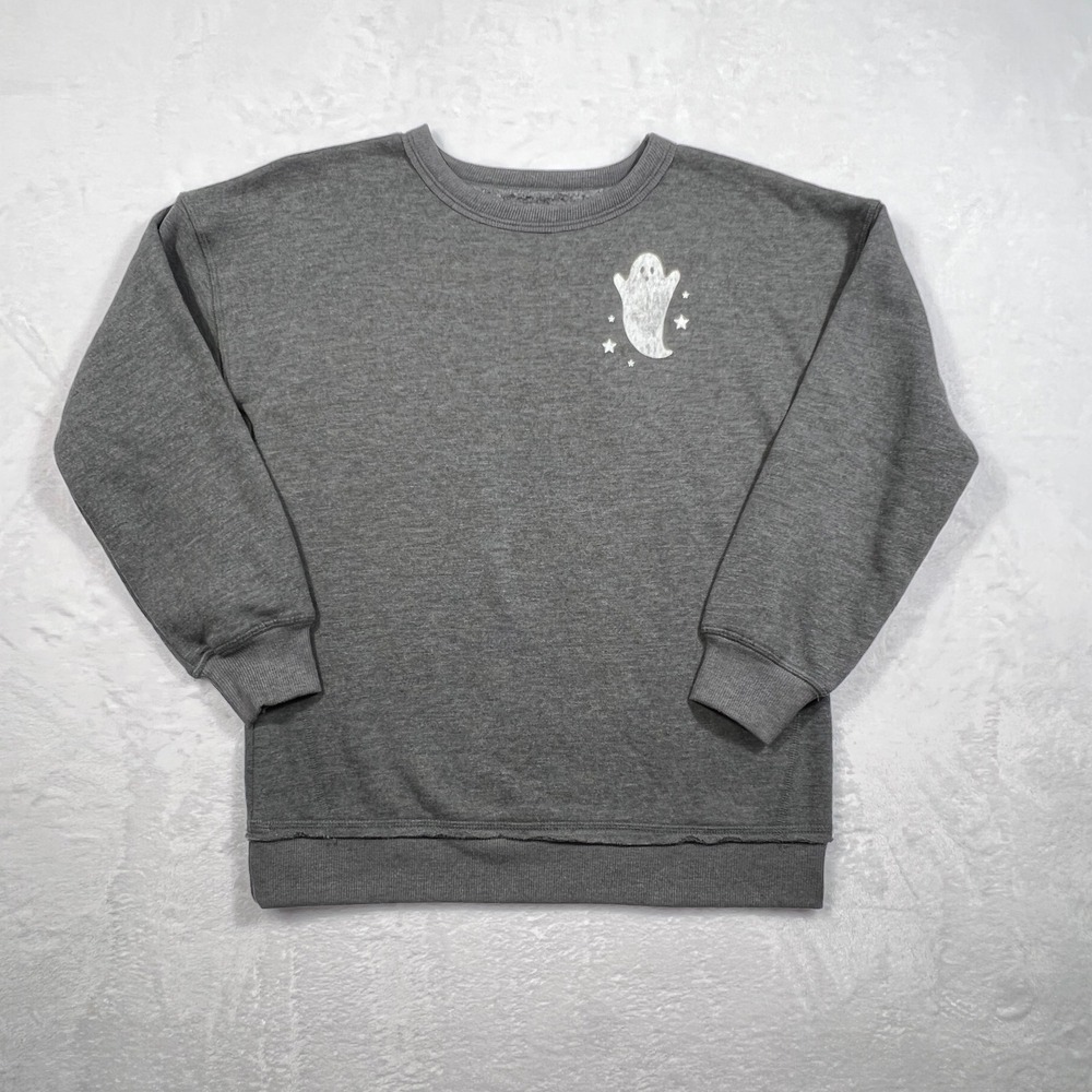 SO Kids Oversized Halloween Ghost Sweatshirt Lets Go Ghouls Gray Size M 8 NWT